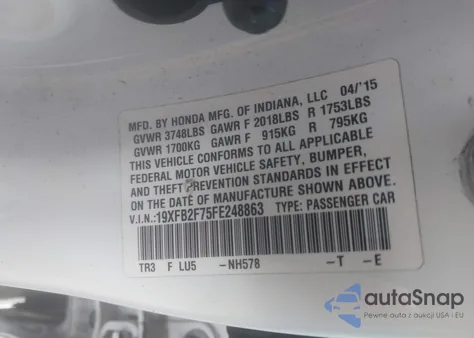 2015 Honda Civic Se z USA, uszkodzony, nr VIN 19XFB2F75FE248863